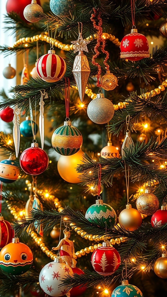 A Christmas tree decorated with colorful 1960s ornaments, tinsel icicles, and whimsical figures.